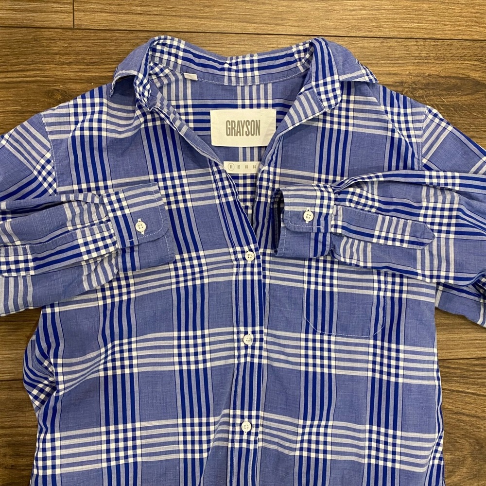 GRAYSON Plaid Blue White The Hero Button Up Plaid‎ Shirt Sz 1 Women's